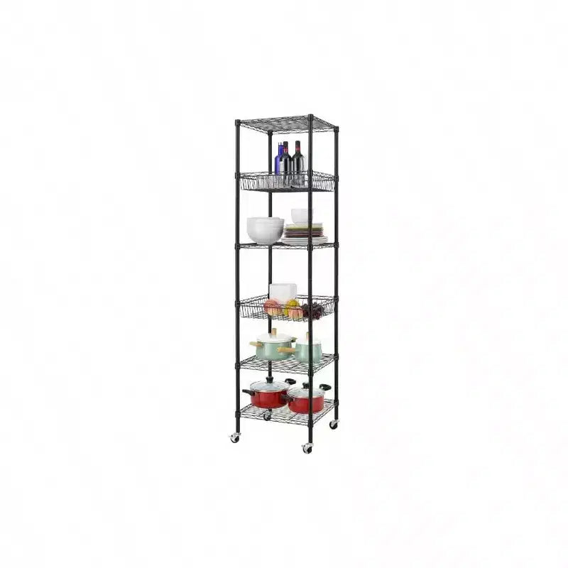 Étagère métallique à 6 niveaux, noire, avec roues, réglable