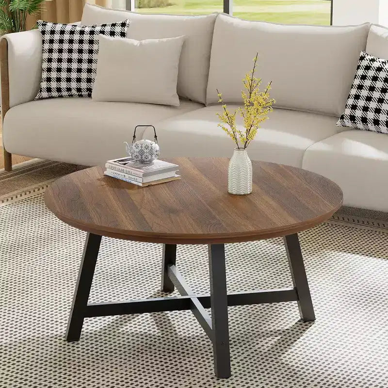 Table basse ronde 36", Noir/Brun, Plateau imitation bois, Pieds en X