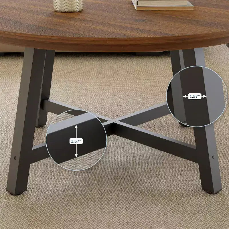 Table basse ronde 36", Noir/Brun, Plateau imitation bois, Pieds en X
