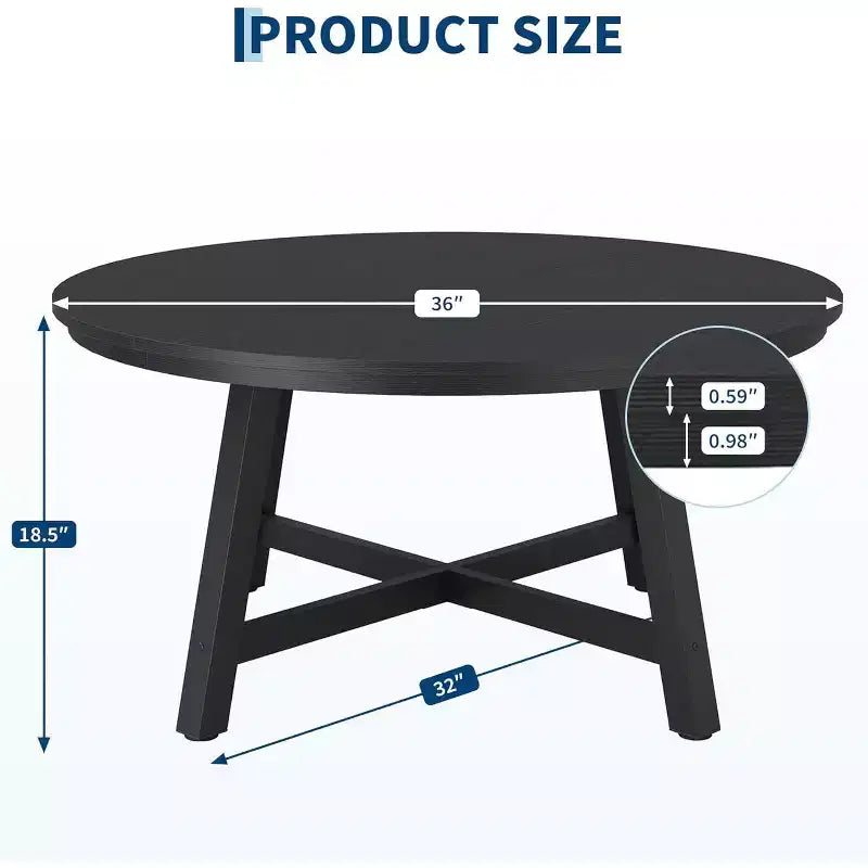 Table basse ronde 36", Noir/Brun, Plateau imitation bois, Pieds en X