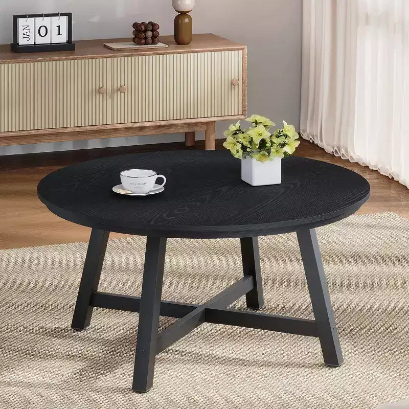 Table basse ronde 36", Noir/Brun, Plateau imitation bois, Pieds en X