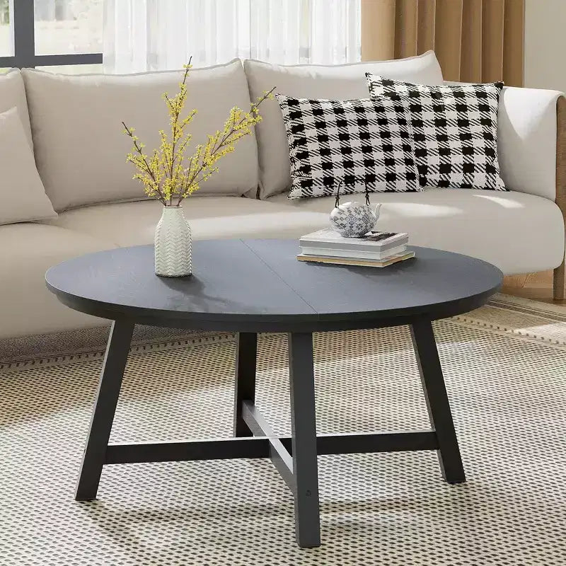 Table basse ronde 36", Noir/Brun, Plateau imitation bois, Pieds en X