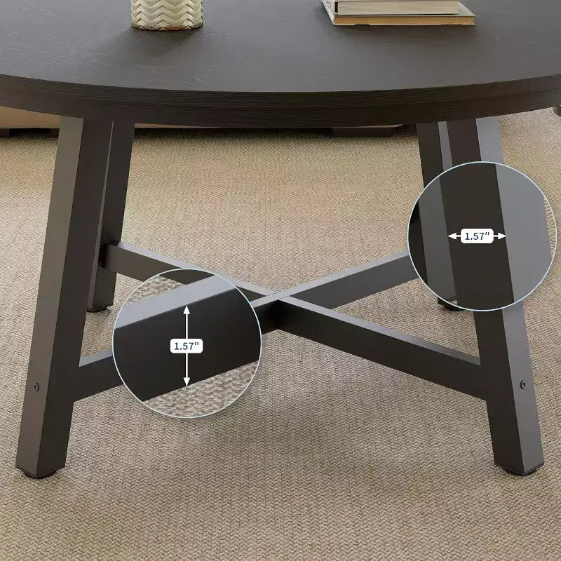 Table basse ronde 36", Noir/Brun, Plateau imitation bois, Pieds en X