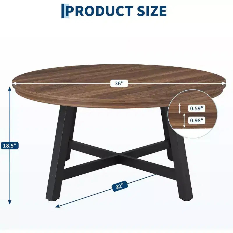 Table basse ronde 36", Noir/Brun, Plateau imitation bois, Pieds en X