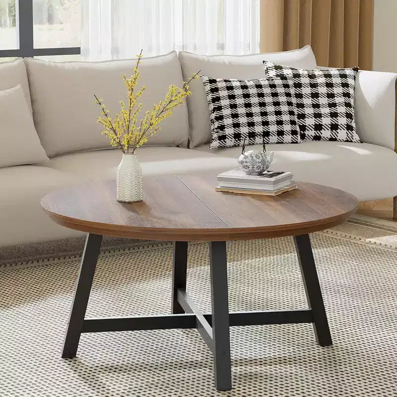 Table basse ronde 36", Noir/Brun, Plateau imitation bois, Pieds en X