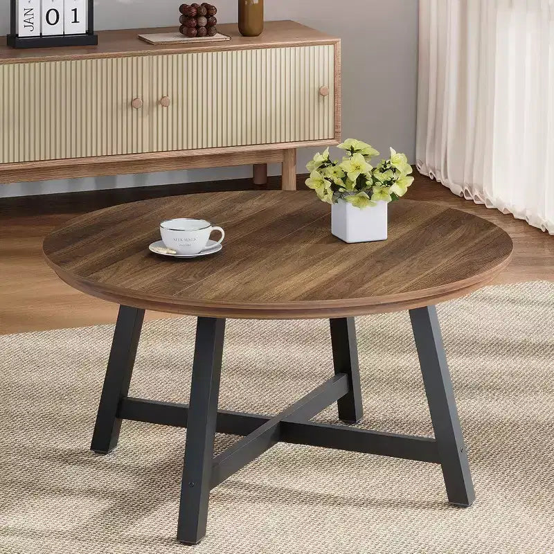 Table basse ronde 36", Noir/Brun, Plateau imitation bois, Pieds en X