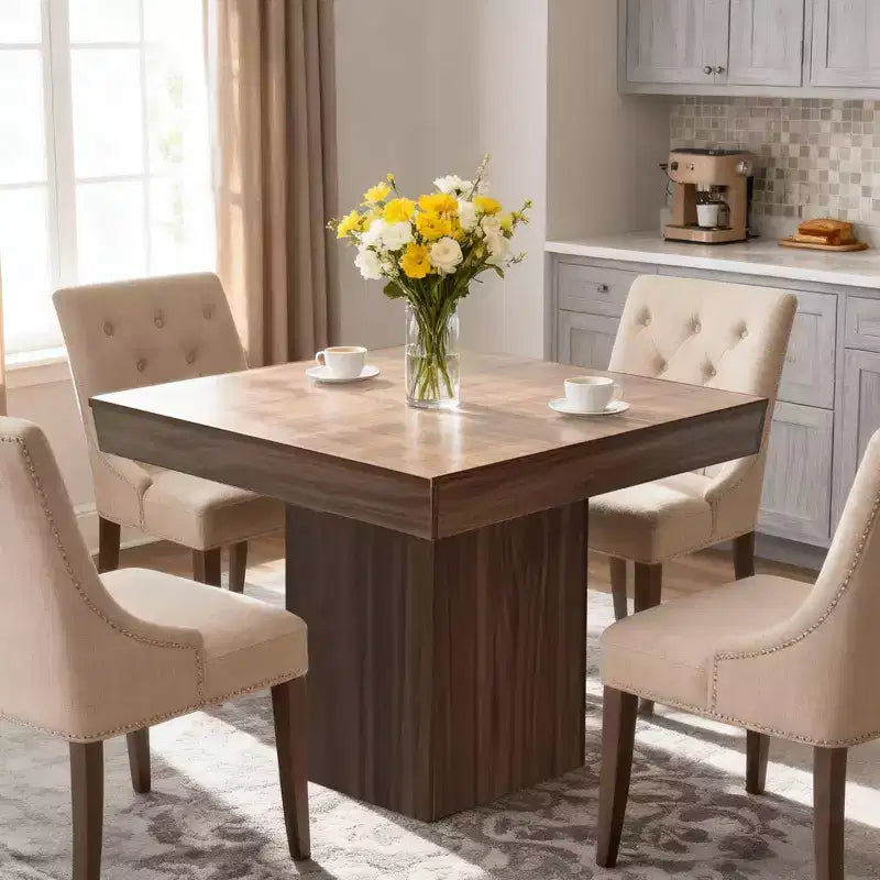 Table de salle à manger carrée en bois noir/noyer pour 4 personnes, pied central