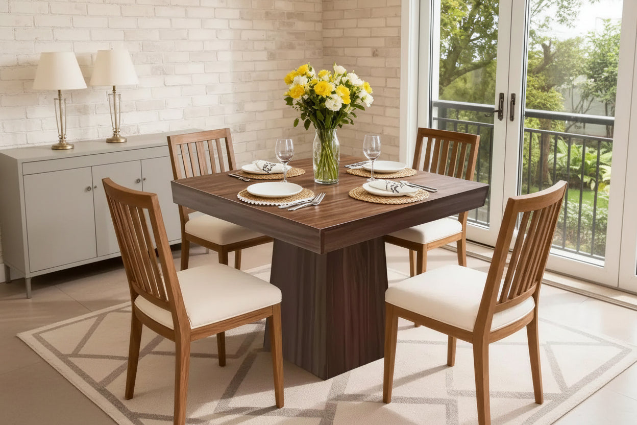 Table de salle à manger carrée en bois noir/noyer pour 4 personnes, pied central