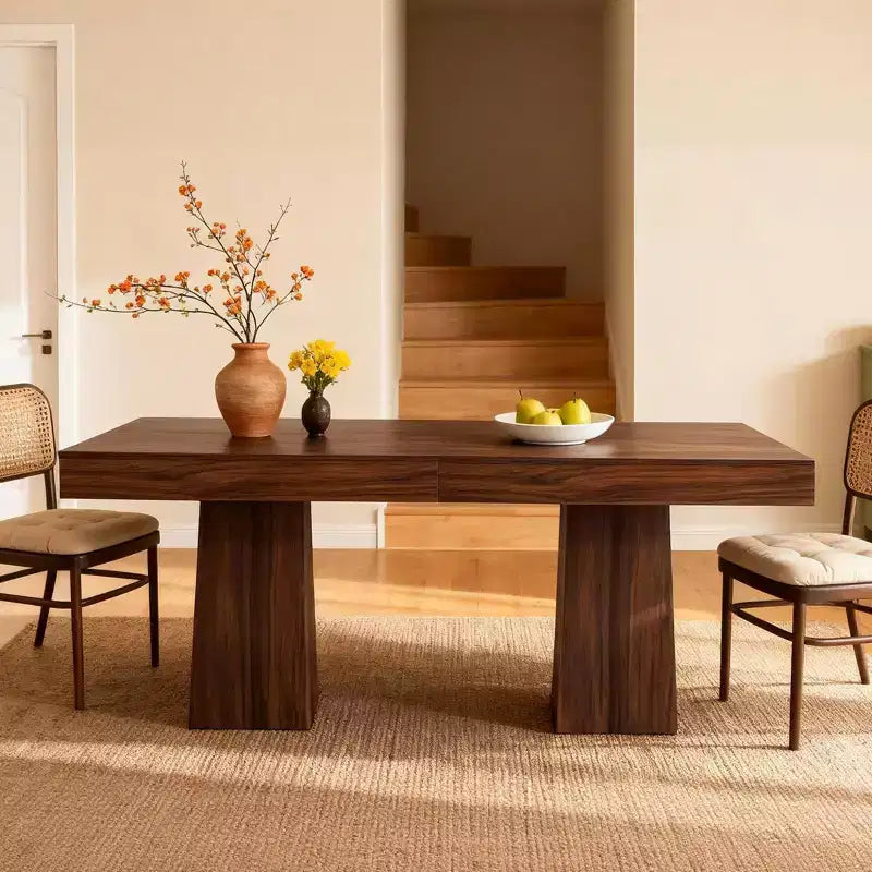 Table de salle à manger carrée en bois noir/noyer pour 4 personnes, pied central
