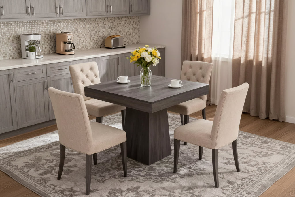 Table de salle à manger carrée en bois noir/noyer pour 4 personnes, pied central