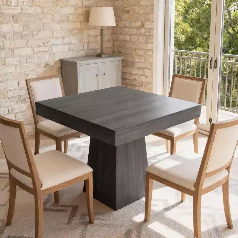 Table de salle à manger carrée en bois noir/noyer pour 4 personnes, pied central