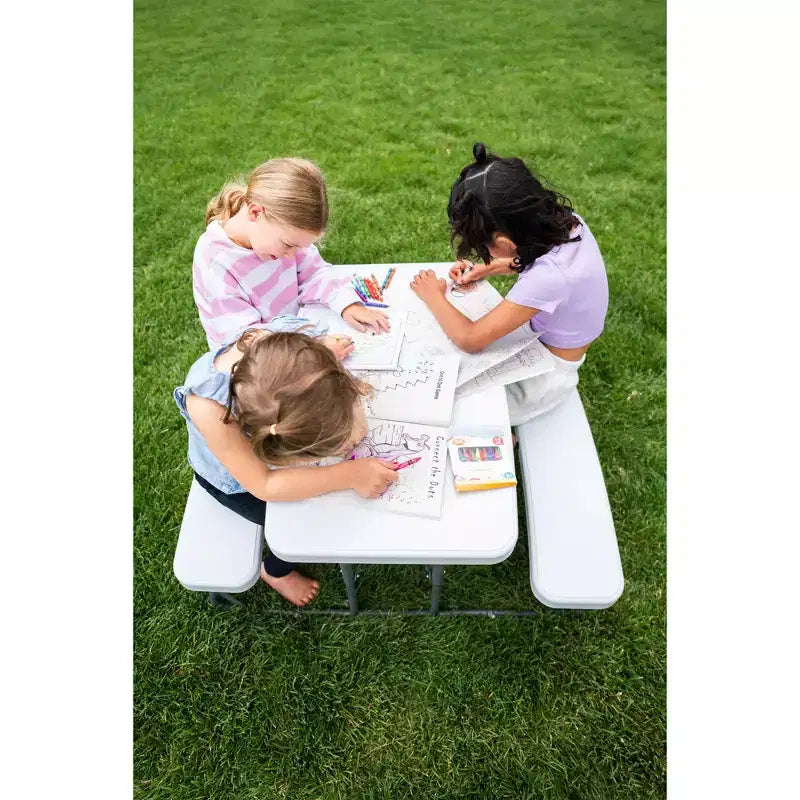 Table de pique-nique pliante rectangulaire blanche pour enfants avec bancs, 4 places