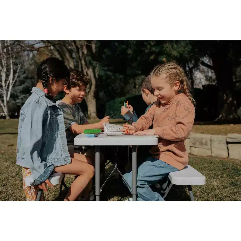 Table de pique-nique pliante rectangulaire blanche pour enfants avec bancs, 4 places
