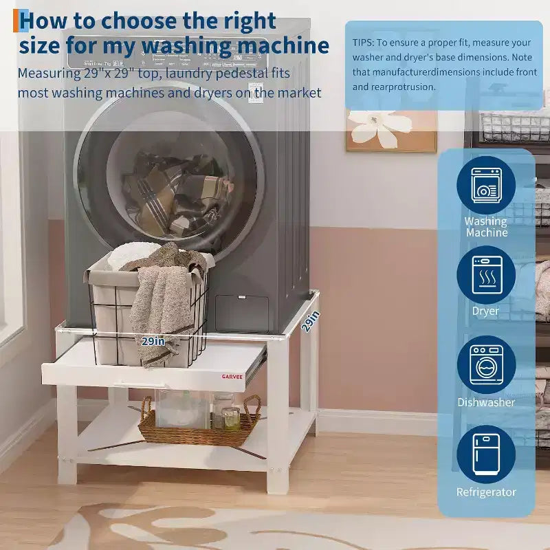 Support pour lave-linge/sèche-linge en alliage d'acier argenté avec étagère coulissante, 74 cm, anti-vibration