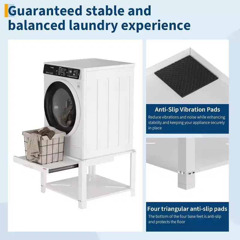 Support pour lave-linge/sèche-linge en alliage d'acier argenté avec étagère coulissante, 74 cm, anti-vibration