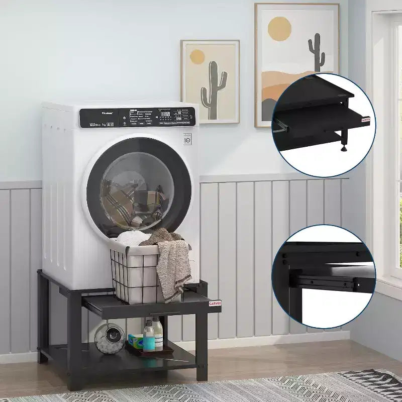 Support pour lave-linge/sèche-linge en alliage d'acier argenté avec étagère coulissante, 74 cm, anti-vibration