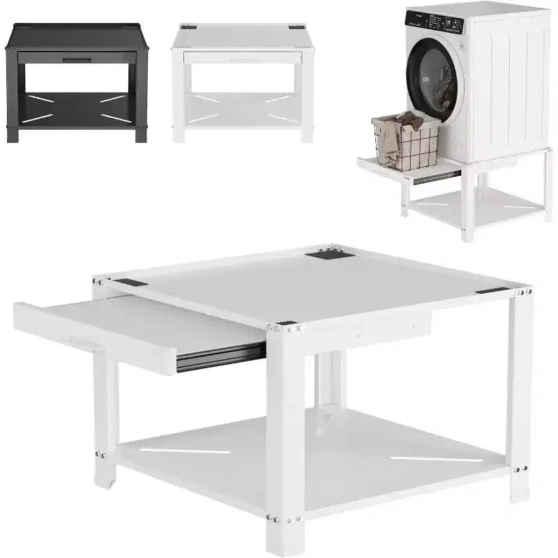 Support pour lave-linge/sèche-linge en alliage d'acier argenté avec étagère coulissante, 74 cm, anti-vibration