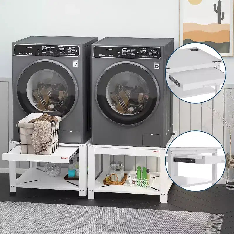 Support pour lave-linge/sèche-linge en alliage d'acier argenté avec étagère coulissante, 74 cm, anti-vibration