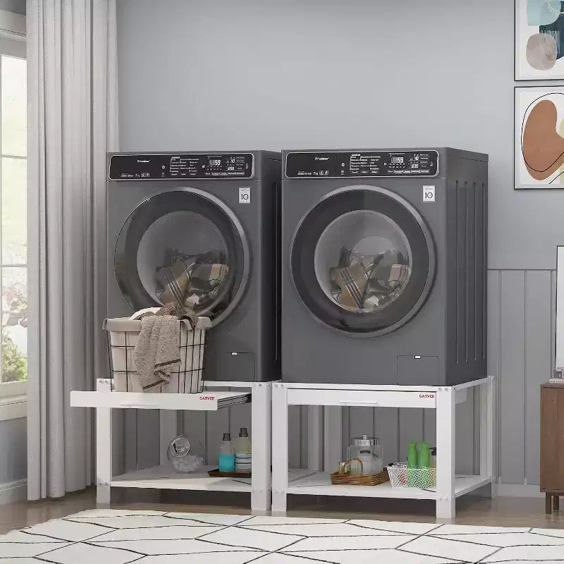 Support pour lave-linge/sèche-linge en alliage d'acier argenté avec étagère coulissante, 74 cm, anti-vibration