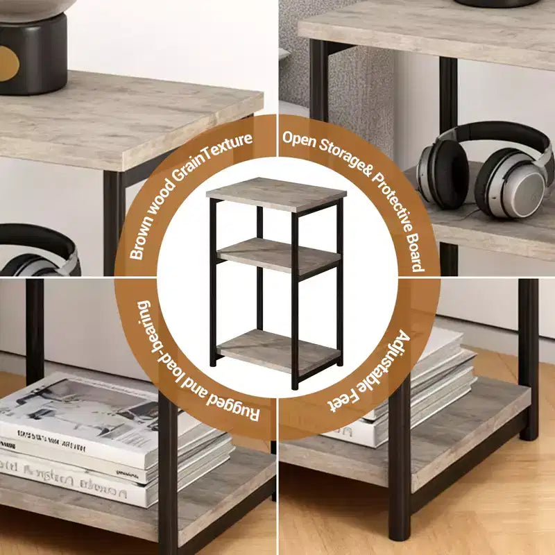 Table d'appoint à 3 niveaux en MDF noir et métal avec étagères de rangement ouvertes, 1 personne