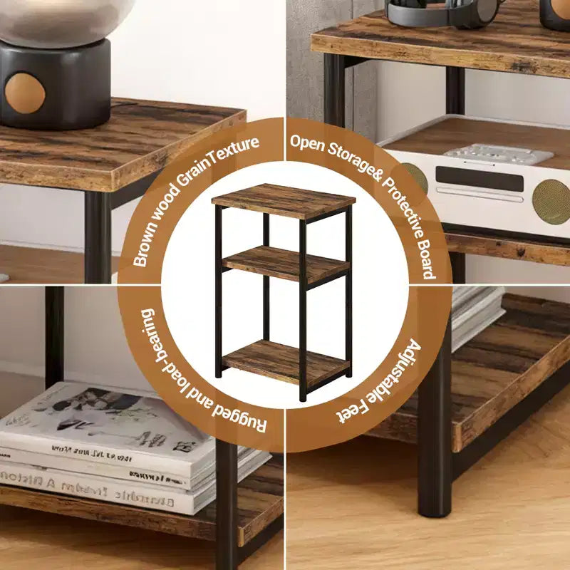 Table d'appoint à 3 niveaux en MDF noir et métal avec étagères de rangement ouvertes, 1 personne