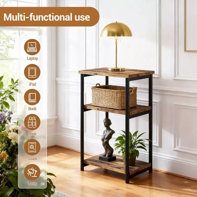 Table d'appoint à 3 niveaux en MDF noir et métal avec étagères de rangement ouvertes, 1 personne
