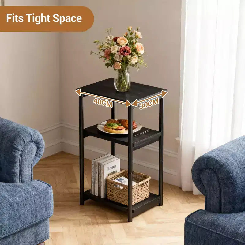 Table d'appoint à 3 niveaux en MDF noir et métal avec étagères de rangement ouvertes, 1 personne