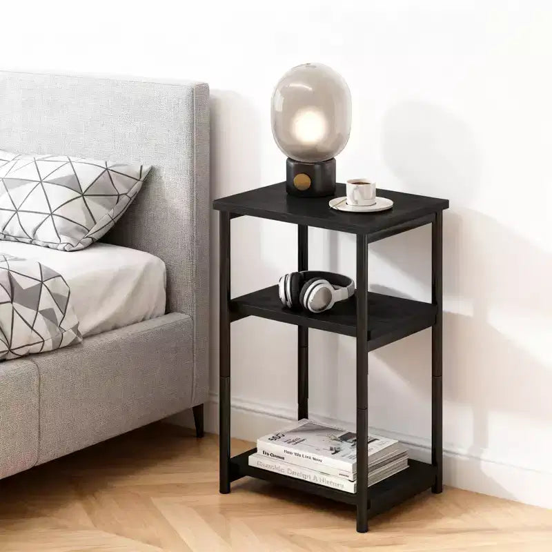 Table d'appoint à 3 niveaux en MDF noir et métal avec étagères de rangement ouvertes, 1 personne