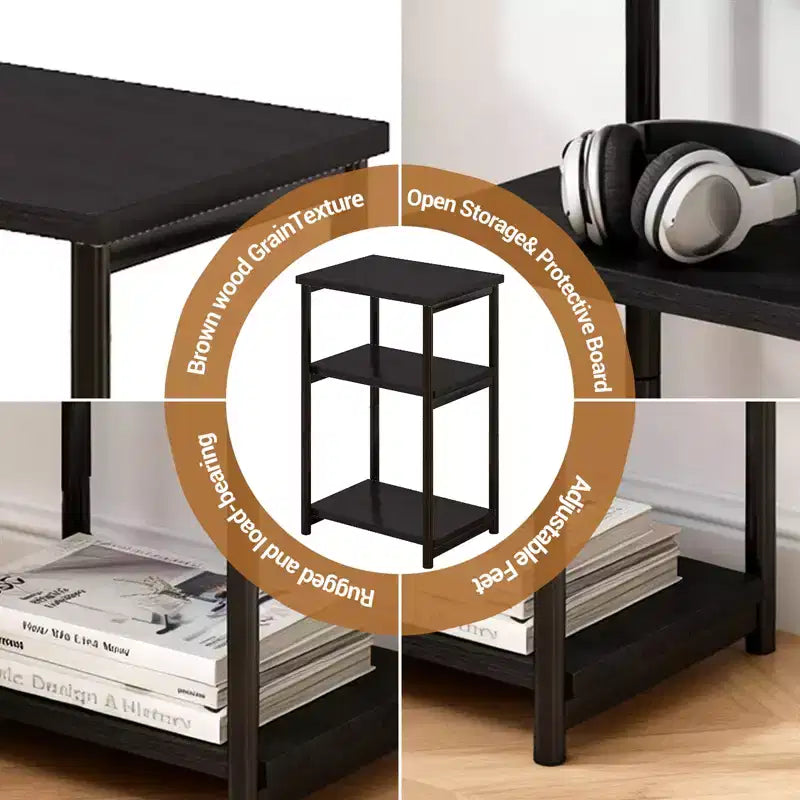 Table d'appoint à 3 niveaux en MDF noir et métal avec étagères de rangement ouvertes, 1 personne