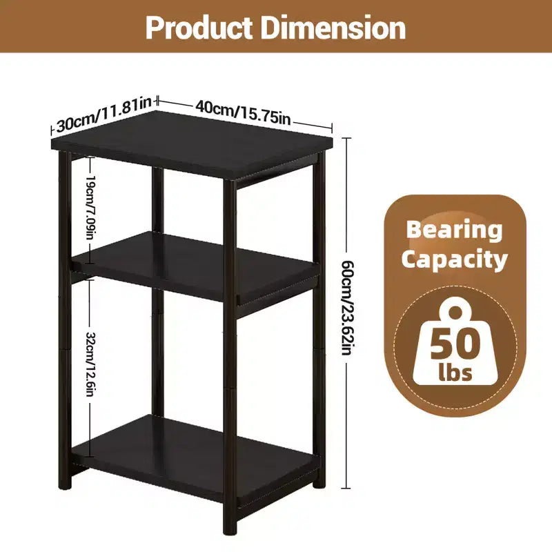 Table d'appoint à 3 niveaux en MDF noir et métal avec étagères de rangement ouvertes, 1 personne