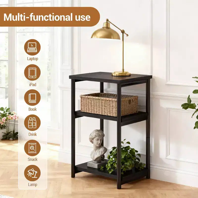 Table d'appoint à 3 niveaux en MDF noir et métal avec étagères de rangement ouvertes, 1 personne