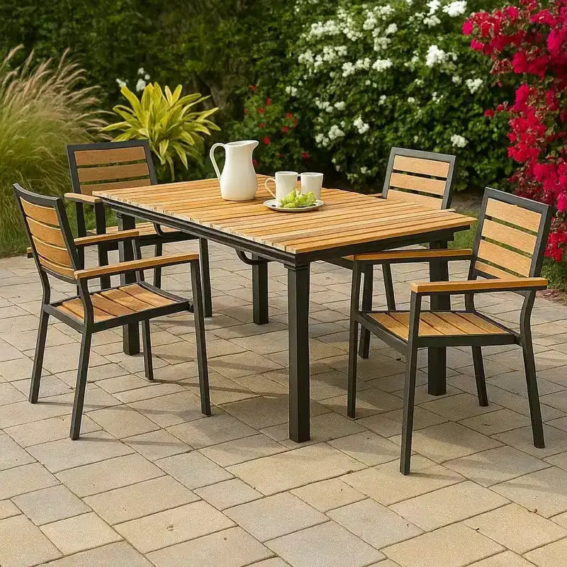 Table à manger extérieure extensible en teck marron et aluminium noir, 157-213 cm, 8 personnes