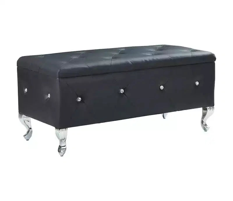 Banc de rangement capitonné en lin noir avec pieds en métal, 1 personne