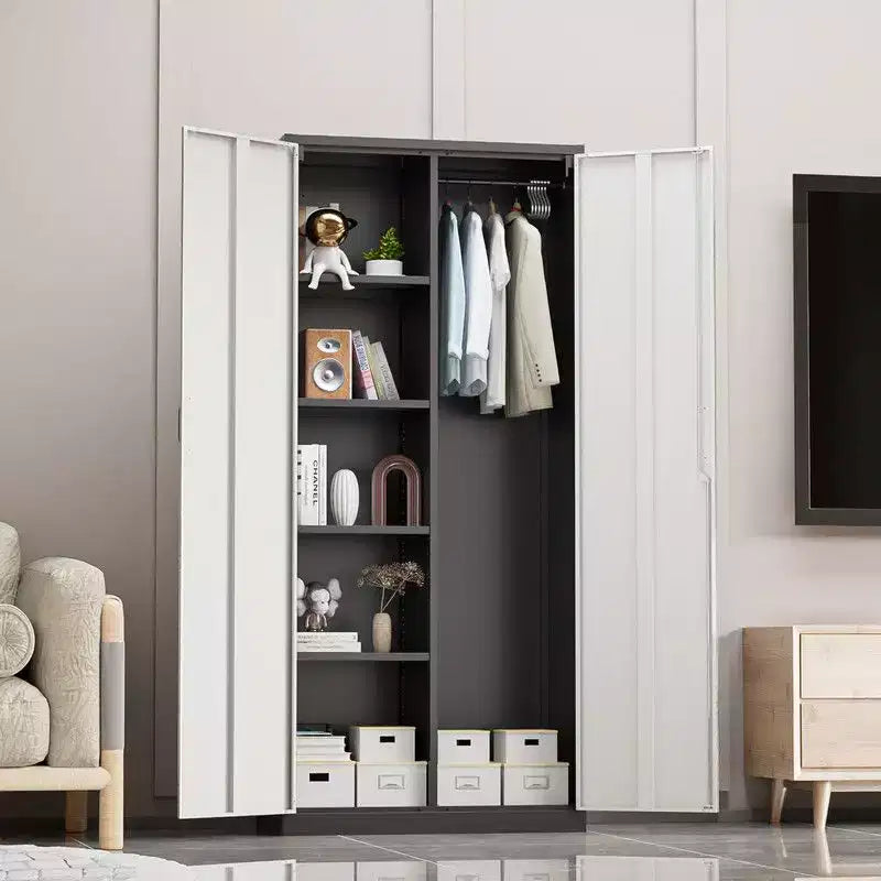 Armoire de rangement à outils en acier gris avec 5 étagères et 6 crochets