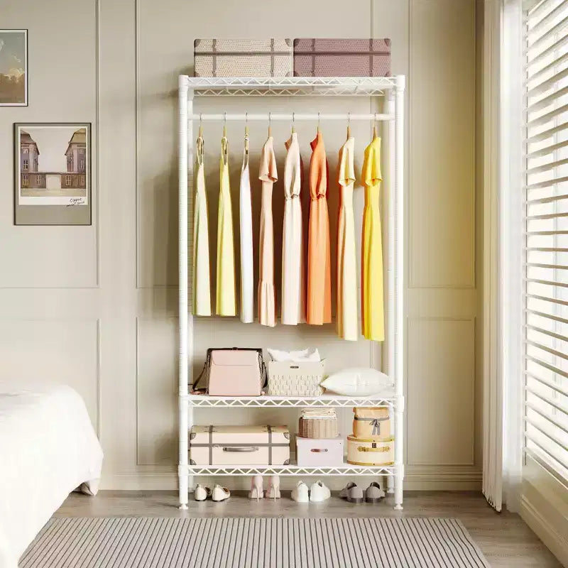 Portant à vêtements portable à 3 niveaux en métal blanc avec tringle de suspension, robuste