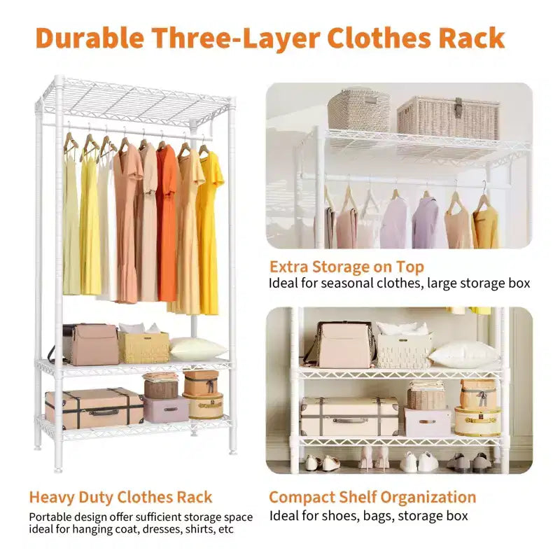 Portant à vêtements portable à 3 niveaux en métal blanc avec tringle de suspension, robuste
