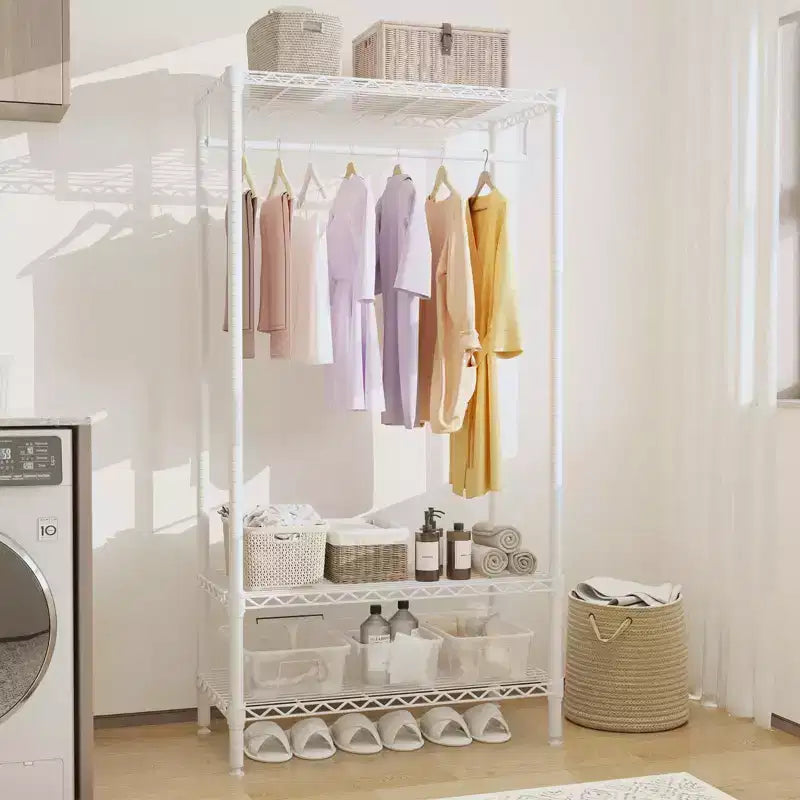Portant à vêtements portable à 3 niveaux en métal blanc avec tringle de suspension, robuste