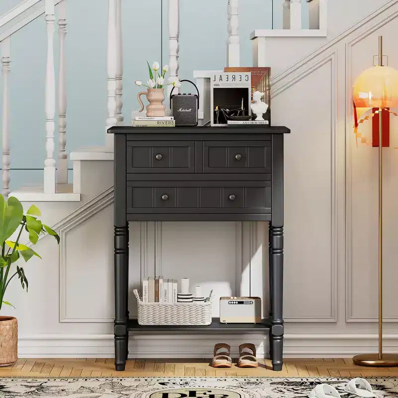 Console de style rétro en hévéa marron et MDF, avec 2 tiroirs et étagère inférieure, 1 personne