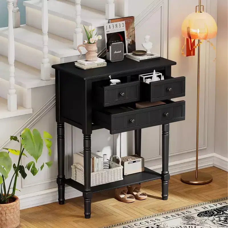 Console de style rétro en hévéa marron et MDF, avec 2 tiroirs et étagère inférieure, 1 personne