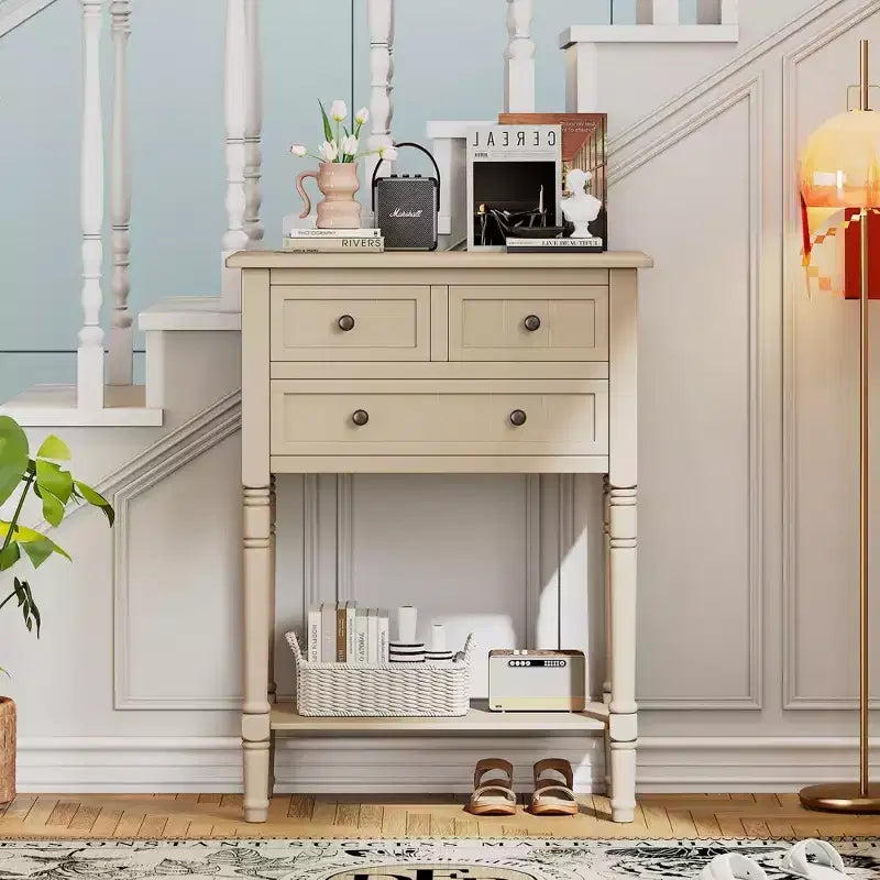 Console de style rétro en hévéa marron et MDF, avec 2 tiroirs et étagère inférieure, 1 personne