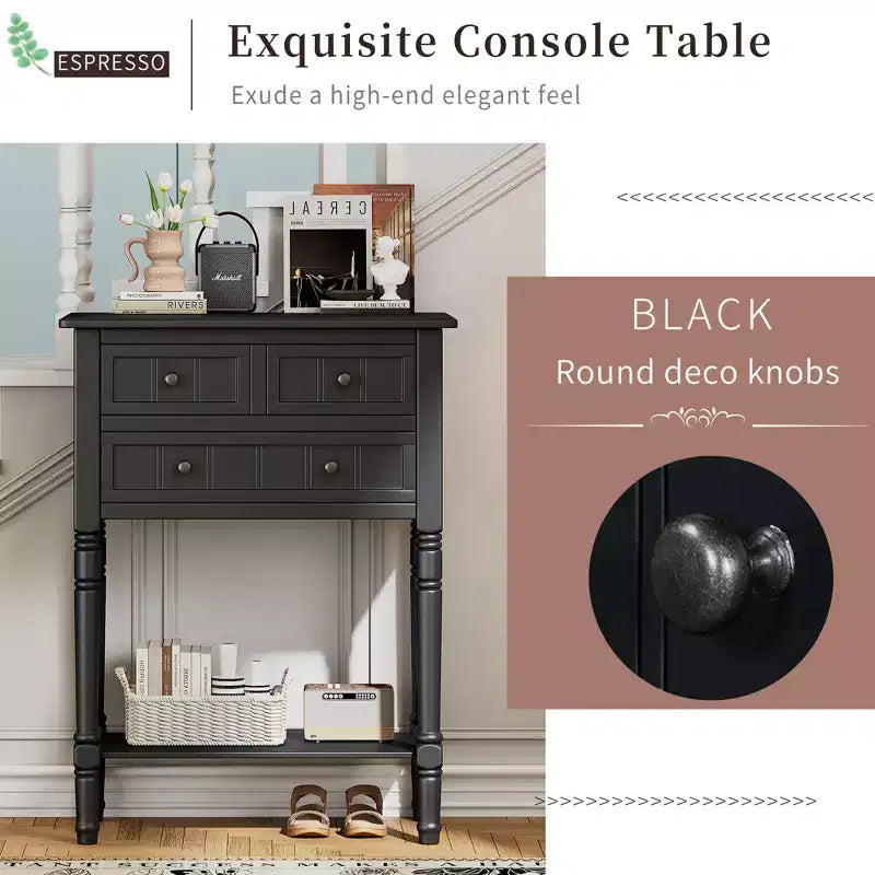 Console de style rétro en hévéa marron et MDF, avec 2 tiroirs et étagère inférieure, 1 personne