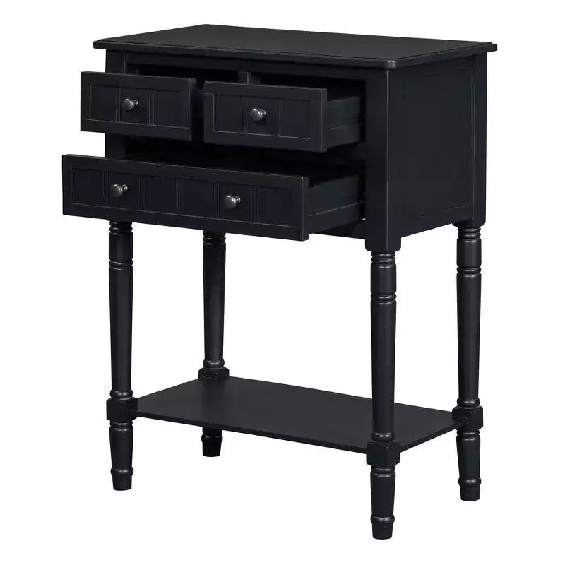 Console de style rétro en hévéa marron et MDF, avec 2 tiroirs et étagère inférieure, 1 personne