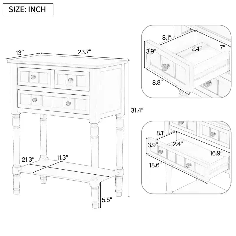 Console de style rétro en hévéa marron et MDF, avec 2 tiroirs et étagère inférieure, 1 personne