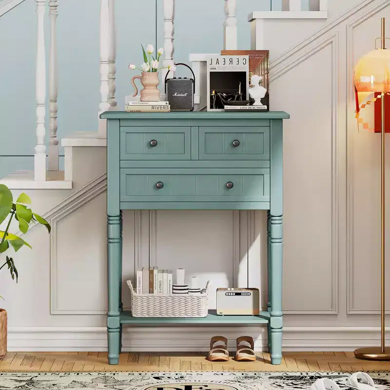 Console de style rétro en hévéa marron et MDF, avec 2 tiroirs et étagère inférieure, 1 personne