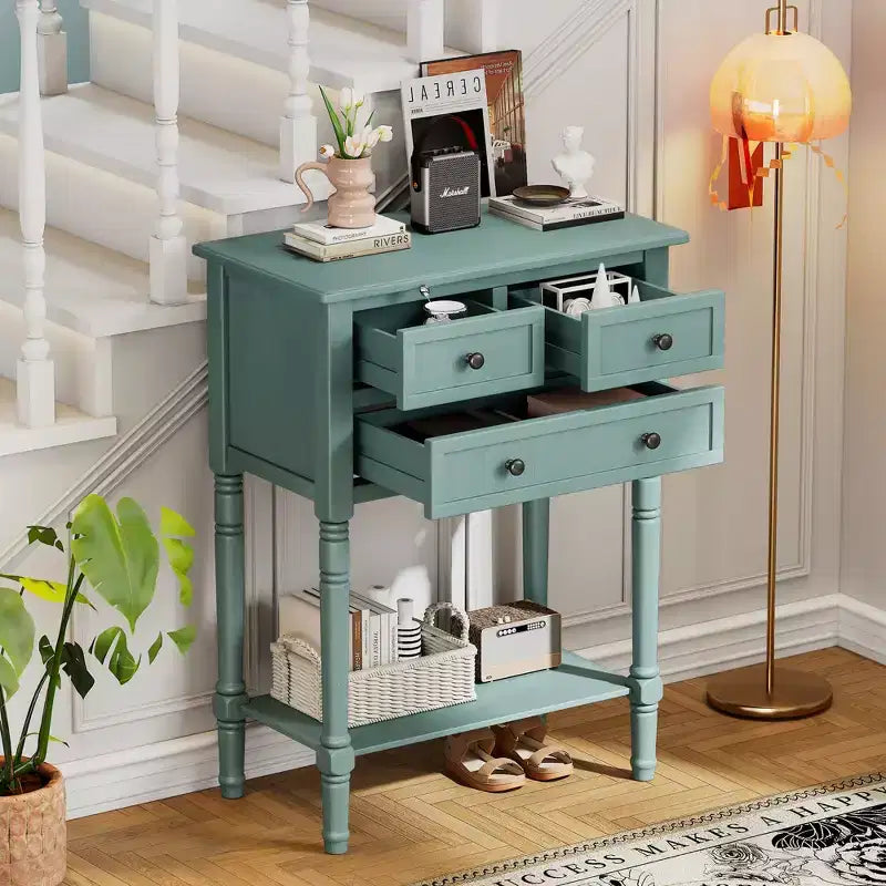 Console de style rétro en hévéa marron et MDF, avec 2 tiroirs et étagère inférieure, 1 personne