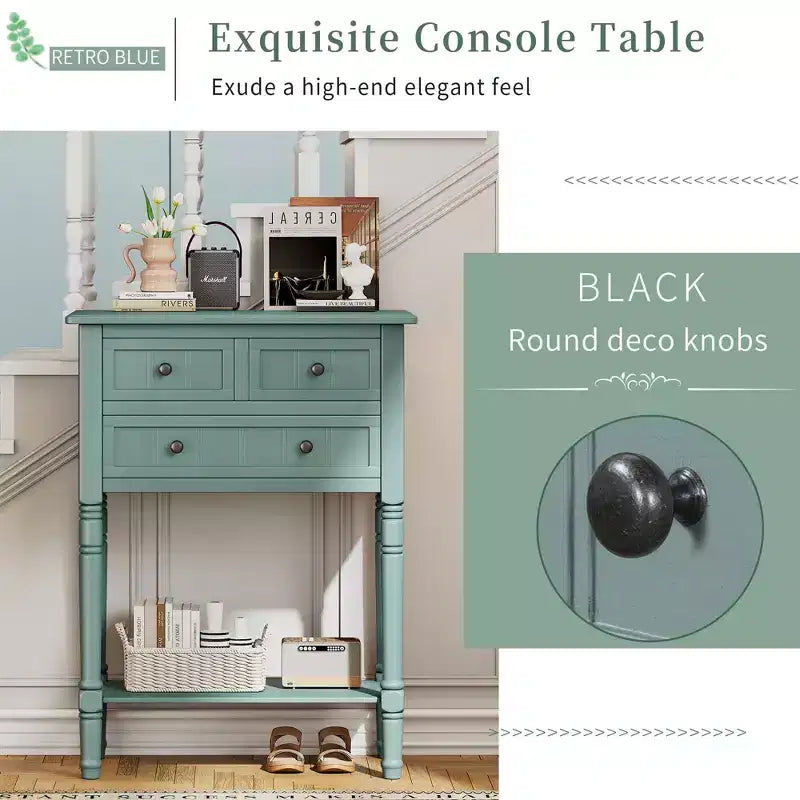 Console de style rétro en hévéa marron et MDF, avec 2 tiroirs et étagère inférieure, 1 personne