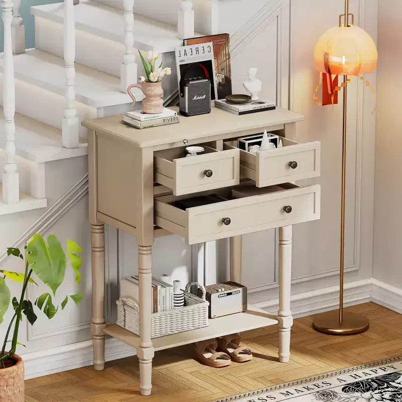 Console de style rétro en hévéa marron et MDF, avec 2 tiroirs et étagère inférieure, 1 personne