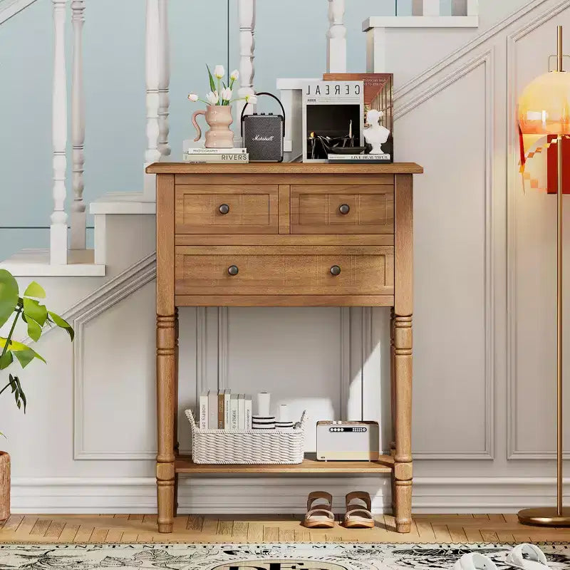 Console de style rétro en hévéa marron et MDF, avec 2 tiroirs et étagère inférieure, 1 personne