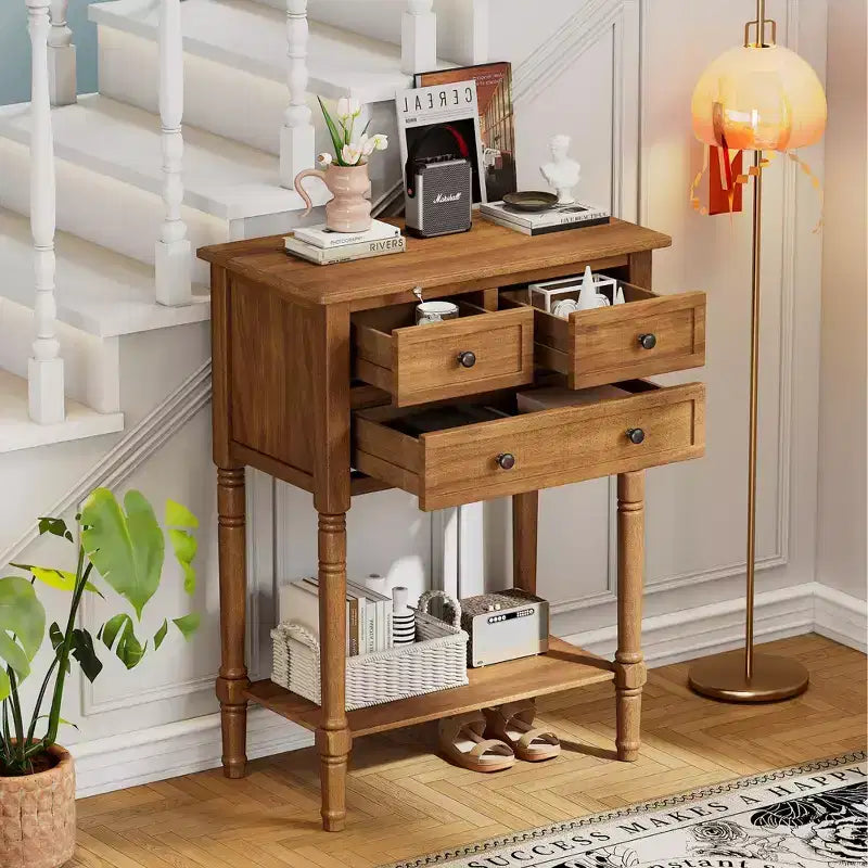 Console de style rétro en hévéa marron et MDF, avec 2 tiroirs et étagère inférieure, 1 personne