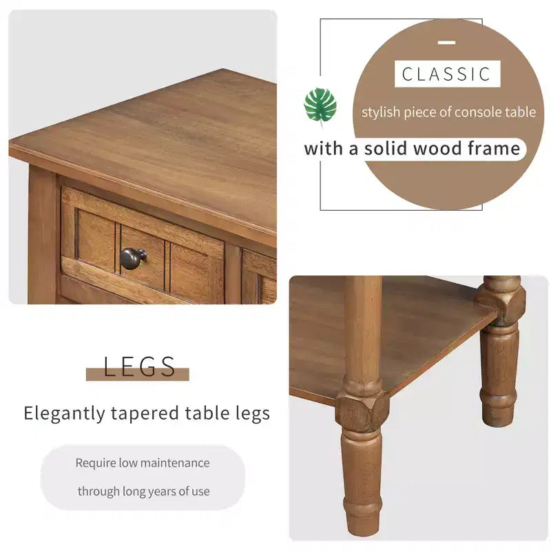 Console de style rétro en hévéa marron et MDF, avec 2 tiroirs et étagère inférieure, 1 personne